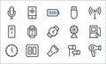 electronics line icons. linear set. quality vector line set such as hairdryer, flashlight, clock, earbuds, electric outlet, cpu,