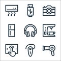 Electronics line icons. linear set. quality vector line set such as hairdryer, hands free, tablet, coffee maker, headphone,