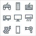Electronics line icons. linear set. quality vector line set such as hairdryer, smartphone, music player, air conditioner,