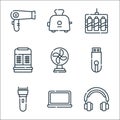 electronics line icons. linear set. quality vector line set such as headphone, laptop, razor, usb, fan, toaster, toaster Royalty Free Stock Photo