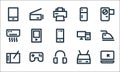 Electronics line icons. linear set. quality vector line set such as laptop, headset, pen tablet, router, gamepad, air conditioner