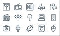 Electronics line icons. linear set. quality vector line set such as mouse, watch, digital camera, washing machine, microphone,