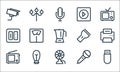 Electronics line icons. linear set. quality vector line set such as pen drive, fan, radio, microphone, bulb, electric outlet, Royalty Free Stock Photo