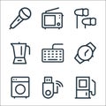 electronics line icons. linear set. quality vector line set such as petrol station, usb drive, washing machine, watch, keyboard,