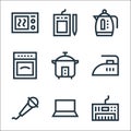 Electronics line icons. linear set. quality vector line set such as piano keyboard, laptop, microphone, iron, rice cooker, oven,