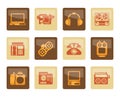 Electronics, media and technical equipment icons over brown background