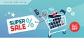 Electronics promotional sales banner with shopping cart