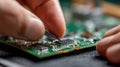 Electronics Repair Focused Technician Using Tweezers to Place Microchip on PCB Ã¢â¬â Precision Macro Closeup for Technology Royalty Free Stock Photo
