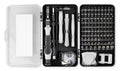 Electronics repair service precison toolkit with bits screwdriver in black case isolated white background. smartphone touchscrren