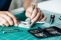 Electronics repair service. Technician disassembling smartphone for inspecting