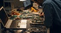 electronics repair technician working on a motherboard with tools and laptop, illuminated by a desk lamp in a workshop environment Royalty Free Stock Photo