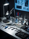 Electronics Repair Workbench with Tools and Microscope image photo Royalty Free Stock Photo