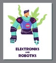 Electronics and robotics banner concept with cyborg, flat vector illustration.