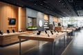 Electronics store interior combines sleek design and wooden elements, offering a spacious, well-lit space filled with