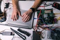 Electronics technician working - testing and configuring computer hardware Royalty Free Stock Photo