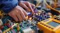 The electronics testing station with a person using a multimeter to troubleshoot a circuit