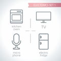 Electronics Vector design modern contour icons with background, TV, kitchen oven, microphone, electric fridge