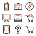 Electronics web icons, orange and gray contour