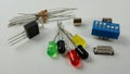 Electronics in white Background with Transistors and LEDS