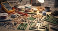 Electronics workbench cluttered with components tools and soldering supplies for diy projects and repairs Royalty Free Stock Photo