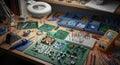 Electronics Workbench with Components and Tools Royalty Free Stock Photo