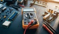 Electronics Workbench with Digital Multimeter and Circuit Components Royalty Free Stock Photo