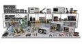 Electronics Workbench with Tools and Equipment in Organized Display for Repair and Engineering Projects in Neutral Gray Royalty Free Stock Photo