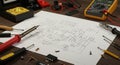 Electronics workspace featuring a detailed circuit diagram on paper, surrounded by Royalty Free Stock Photo
