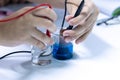 Electroplating experiment in chemistry laboratory. Royalty Free Stock Photo