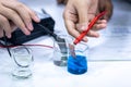 Electroplating experiment in chemistry laboratory. Royalty Free Stock Photo