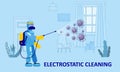 Electrostatic Disinfection Cleaning service. Man dressed in uniform in a special suit with equipment with electrostatic