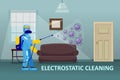 Electrostatic Disinfection Cleaning service. Man dressed in uniform in a special suit with equipment with electrostatic