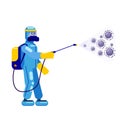 Electrostatic Disinfection Cleaning service. Man dressed in uniform in a special suit with equipment with electrostatic