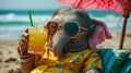 A elefant in human clothes lies on a sunbathe on the beach, on a sun lounger, under a bright sun umbrella