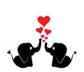 Cute couple elephants silhouettes with hearts on their trunk illustration, vector