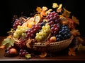 leaves and fruits in a beautifully composed basket.