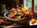 leaves and fruits in a beautifully composed basket.