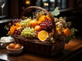 leaves and fruits in a beautifully composed basket.