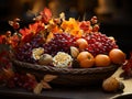 leaves and fruits in a beautifully composed basket.