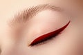 Elegance close-up of beautiful female eye with fashion trend bright colors eyeshadow and eyeliner. Macro shot of beautiful Royalty Free Stock Photo