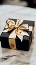 Elegance in Contrast: Black Gift Box with Gold Ribbon on Bowled Background - Christmas and New Year Concept