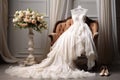 Elegance defined in room setting wedding dress, shoes, and bouquet artfully arranged