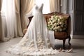 Elegance defined in room setting wedding dress, shoes, and bouquet artfully arranged