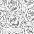 Elegance floral background with roses in dotwork and contour style.