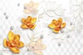 3d wallpaper texture, yellow orchids, pearls on white abstract background Royalty Free Stock Photo