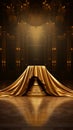 Elegance in focus Empty podium, adorned with opulent golden fabric, creates a stunning backdrop.