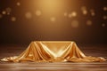 Elegance in focus Empty podium, adorned with opulent golden fabric, creates a stunning backdrop.