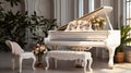 Elegance in Harmony, Grand Piano Resonates in Luxurious Classic White Interior. Generative AI Royalty Free Stock Photo