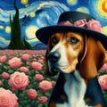 An elegance hounf dog wearing hat with serene pink rose field, a painting of Van Gogh's style, animal design, fashion