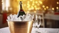 Elegance on Ice - The Festive Charm of a Sparkling Wine Bottle in an Ice Bucket in a Table Royalty Free Stock Photo